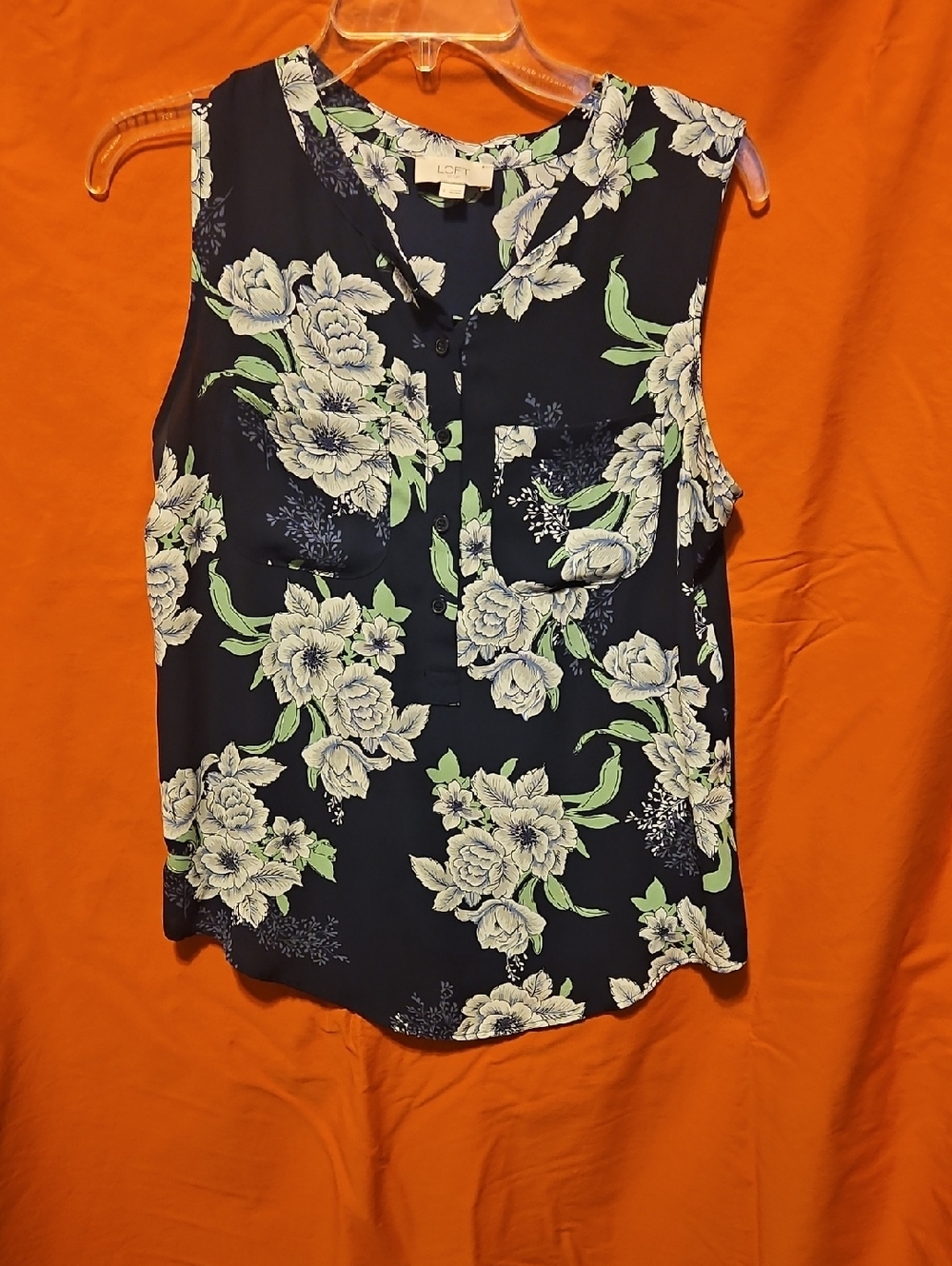 LOFT Navy Floral Sleeveless Camisole with White and Green Print